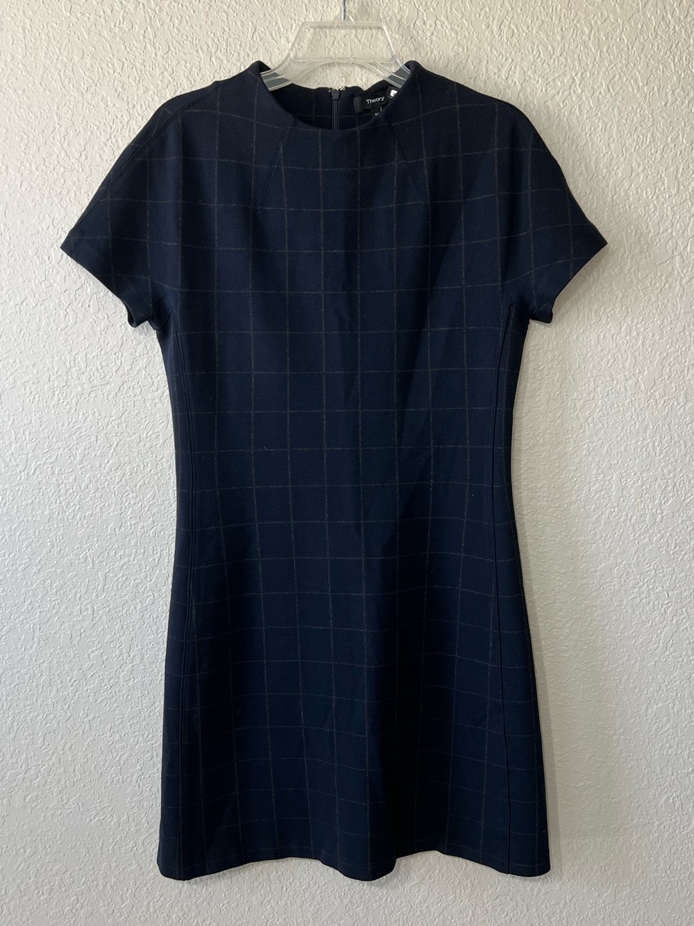 Theory Navy Windowpane Check Knit Shift Dress Dolman Short Sleeve Zip Med